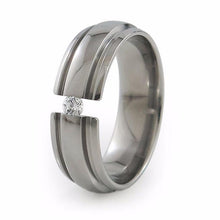 Mens Diamond or Sapphire or other gemstone titanium wedding band. The stone is tension set. 