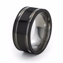 Mens Two Toned Titanium Wedding ring black and natural titanium with a comfort fit band.