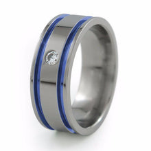 Mens Titanium Ring with diamond and blue anodizing 